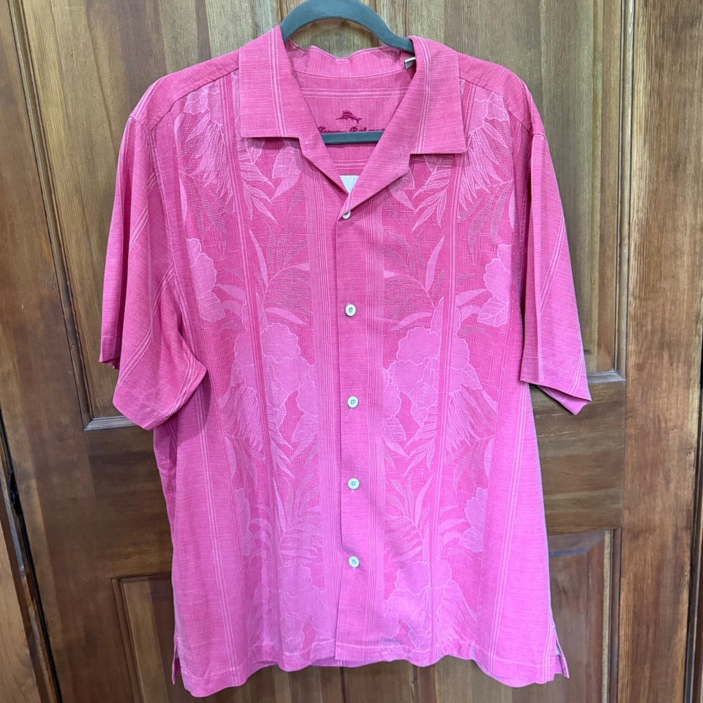 Tommy Bahama Mens XL Pink/Red Tonal Jacquard Tropical Floral Silk Camp Shirt